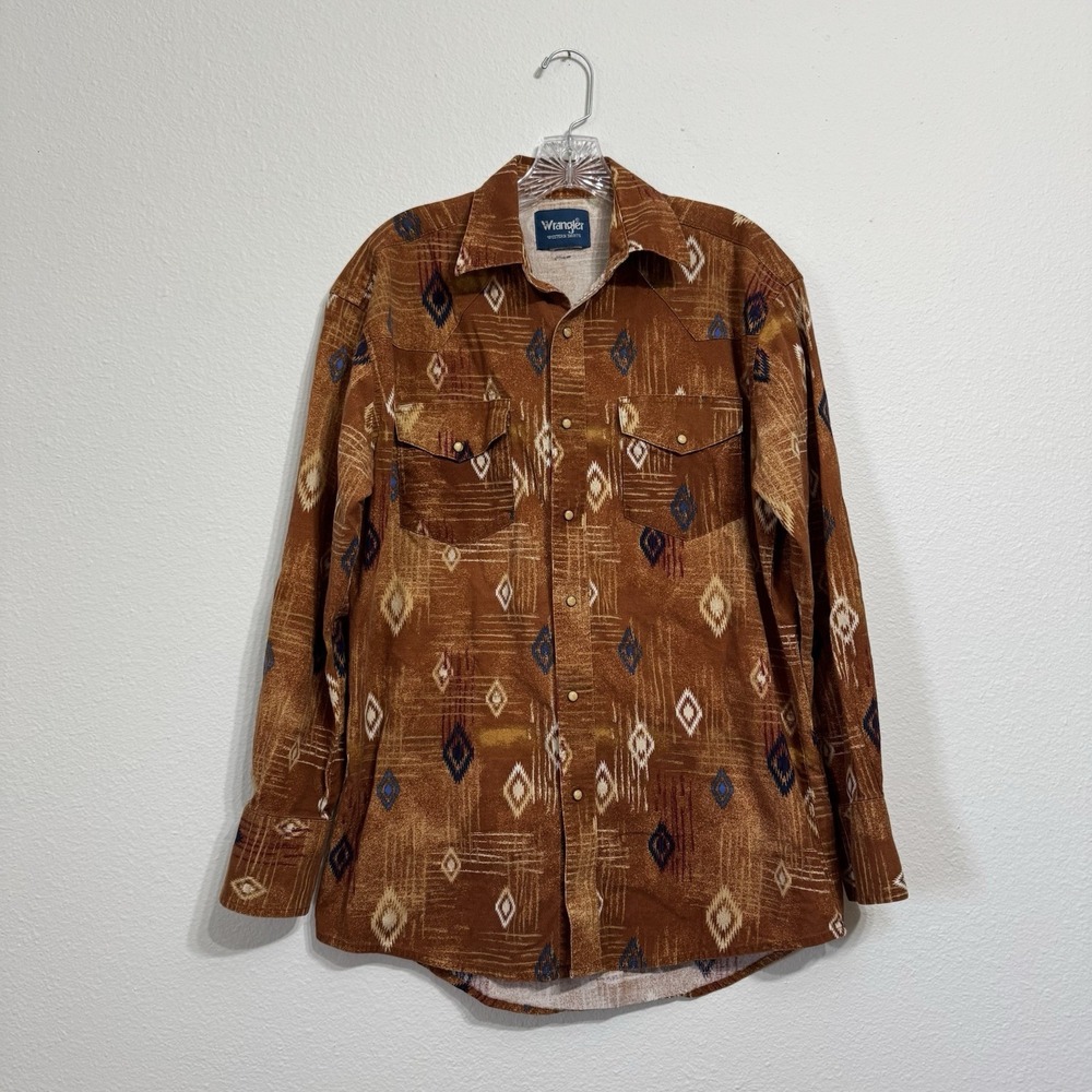 Wrangler Burnt Orange Aztec Southwestern Pearl Snap Long Sleeve Mens Size M
